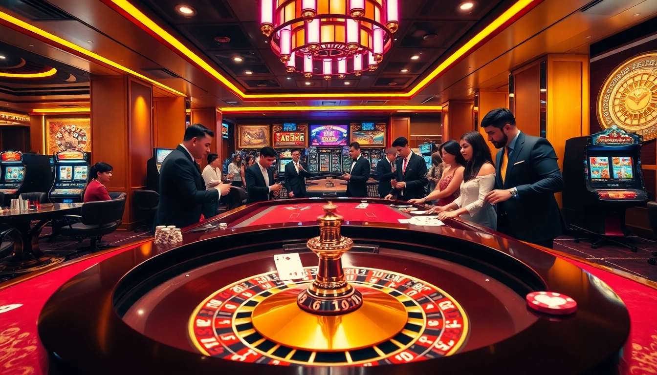 Exciting gaming atmosphere at uu88 trang chủ casino with roulette, cards, and players.