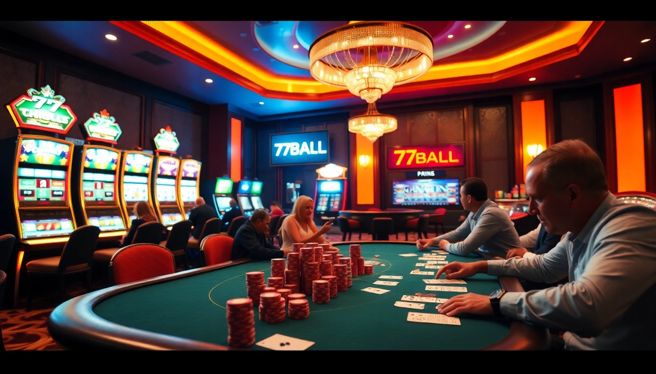 Players enjoying high-stakes poker at 77BALL casino with vibrant tables and slot machines.