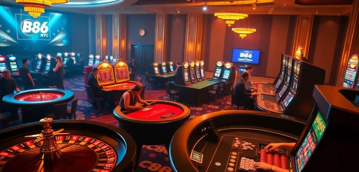 Gambling on mb66.nyc with vibrant casino tables and exciting gameplay in a luxurious setting.