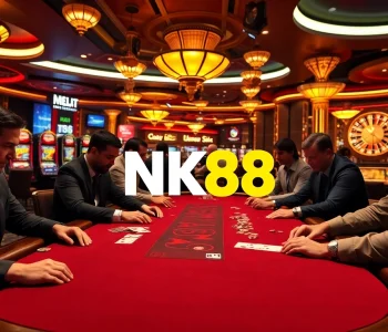 Experience the thrill of NK88 in a vibrant casino scene with intense poker gameplay.