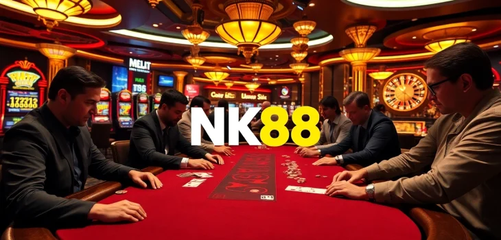 Experience the thrill of NK88 in a vibrant casino scene with intense poker gameplay.
