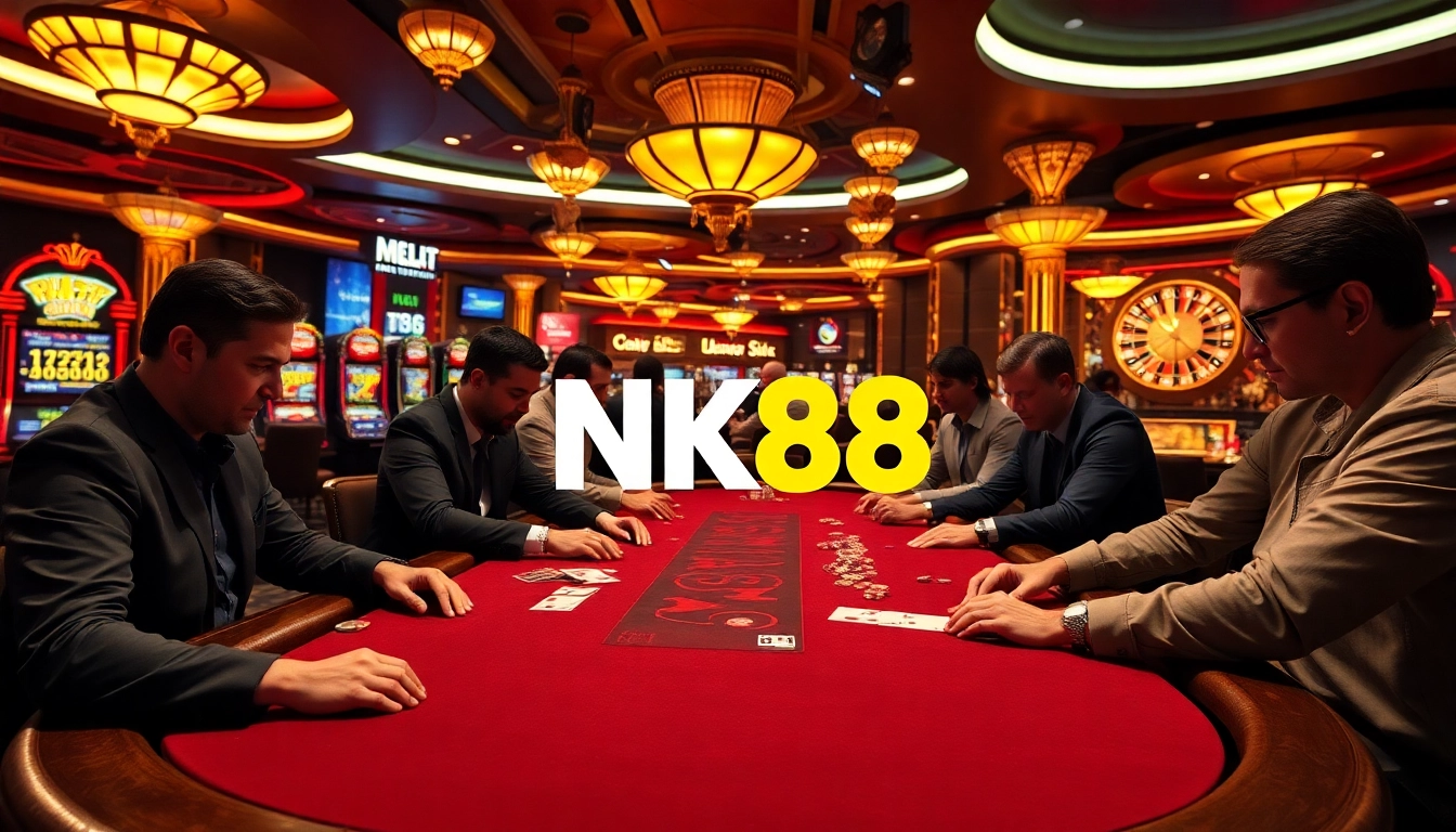 Experience the thrill of NK88 in a vibrant casino scene with intense poker gameplay.