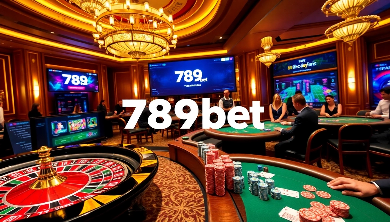 Experience the excitement of 789bet with high-stakes casino tables and sports betting screens in a luxurious setting.