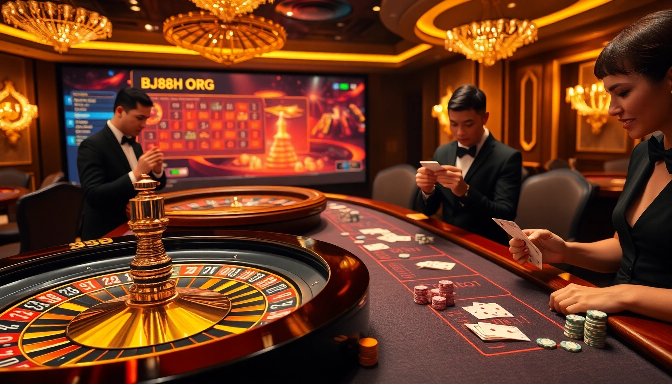 Gamblers placing bets and enjoying the exciting atmosphere at https://bj88h.org/ online casino with vibrant games.