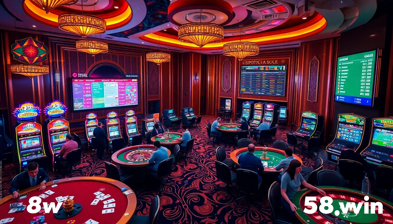 Experience thrilling gaming action with 58win's vibrant casino atmosphere featuring poker tables and slot machines.