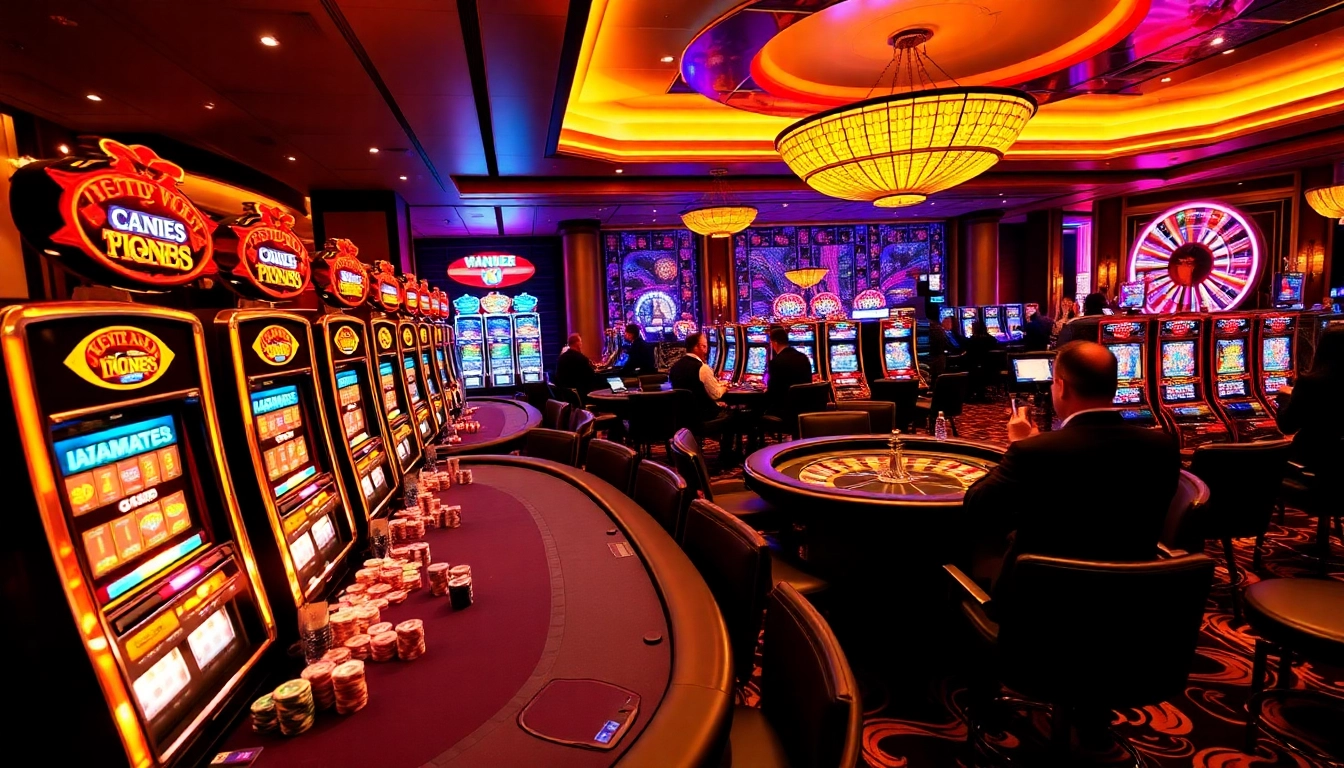 Exciting gameplay and vibrant atmosphere at V7sb casino with players at poker tables and colorful slot machines.