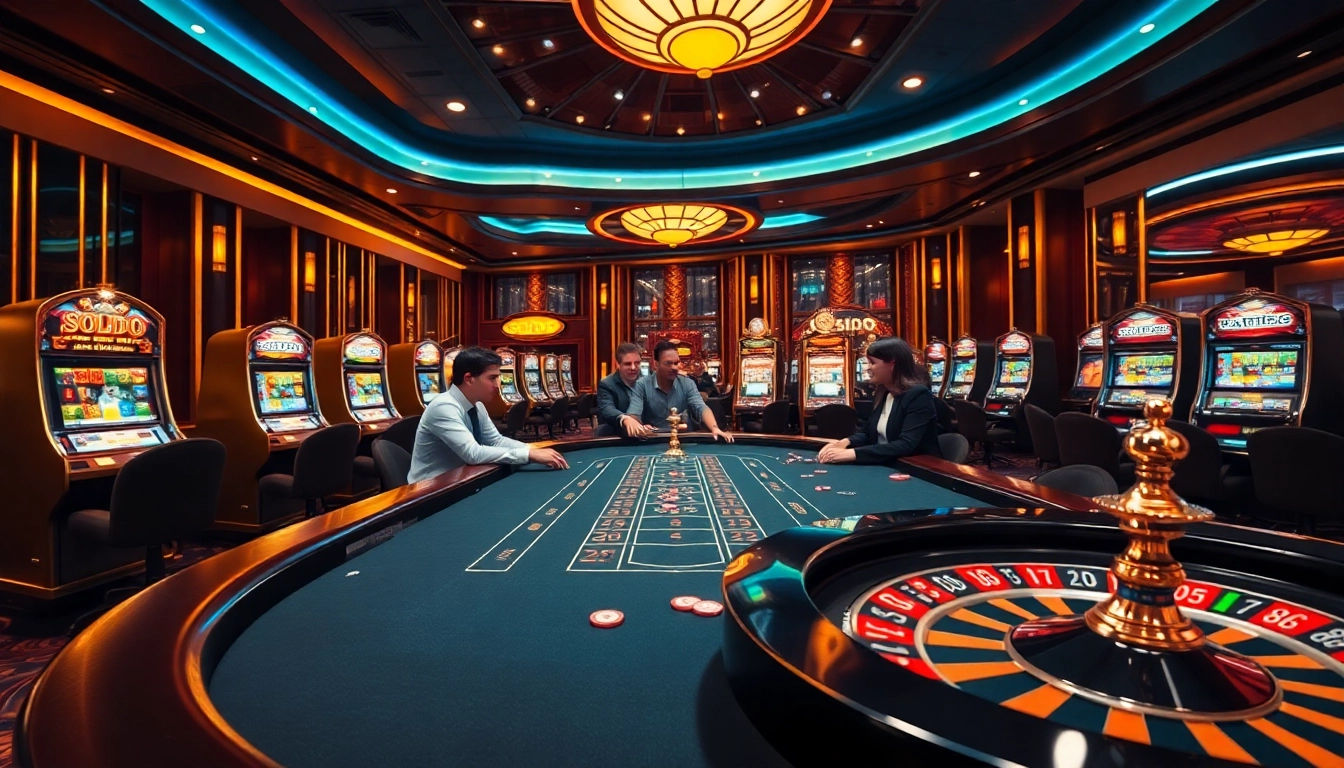 SODO casino scene with players at a blackjack table surrounded by slot machines and poker chips.