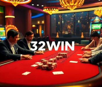 Experience thrilling gameplay at 32WIN casino with luxurious cards and vibrant chips.