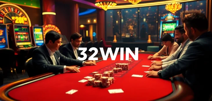 Experience thrilling gameplay at 32WIN casino with luxurious cards and vibrant chips.