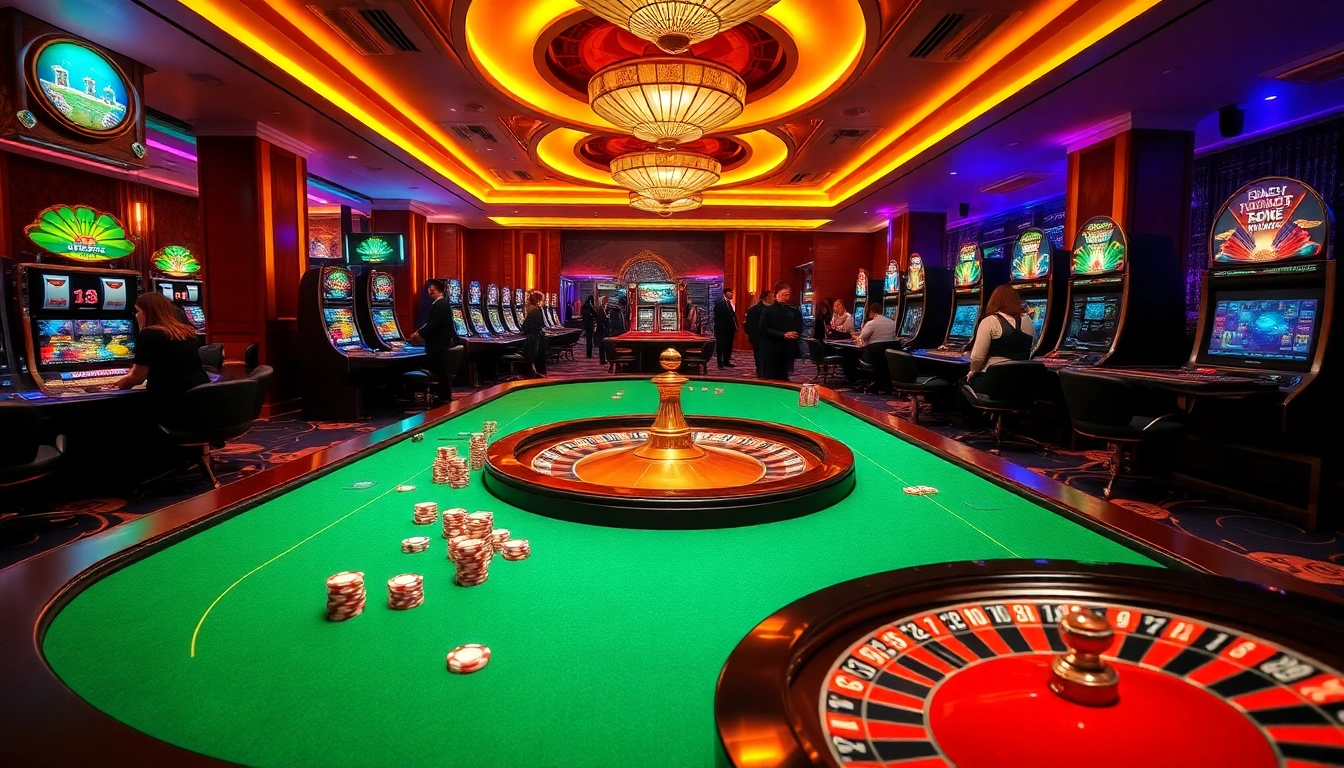 Thrilling TR88 GAME experience at a luxurious casino with dynamic gaming tables and vibrant slot machines.