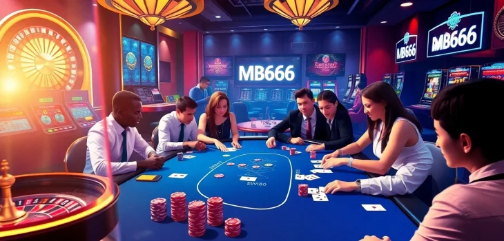 Players strategizing at a poker table in a luxurious setting, featuring MB66 online gaming aspects.