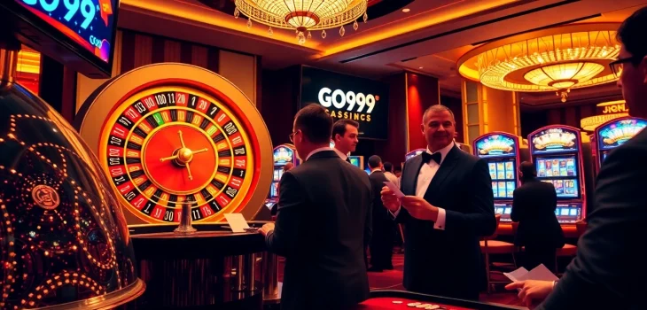 Experience the excitement of go99 with players at a luxurious casino table, engaging in thrilling games.