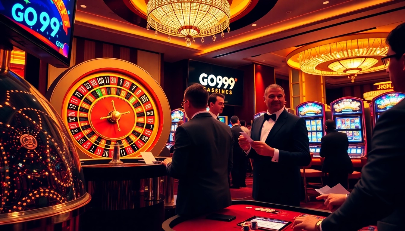 Experience the excitement of go99 with players at a luxurious casino table, engaging in thrilling games.