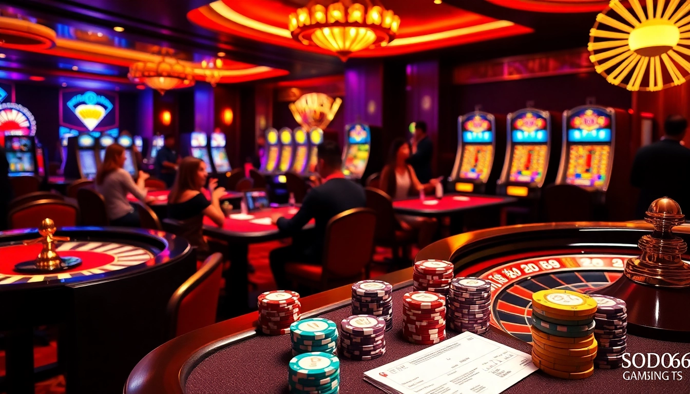 SODO66 players strategizing at a vibrant casino table with cards and chips.