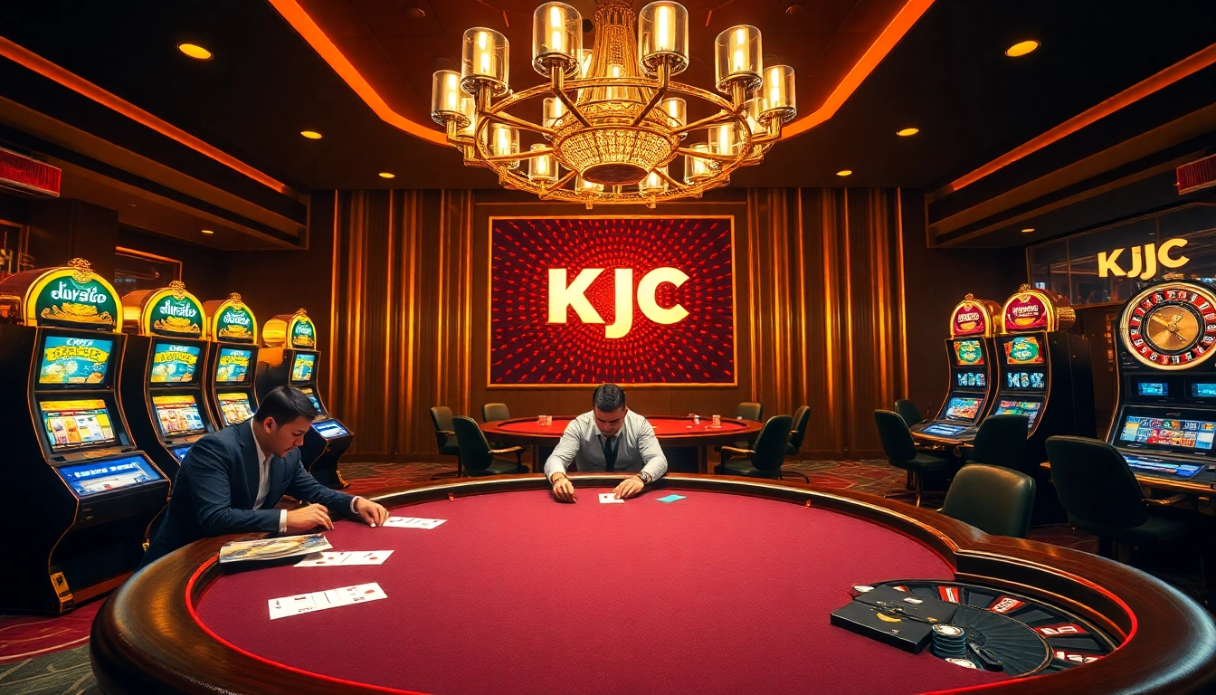 KJC branded casino scene showcasing poker, slots, and roulette excitement.