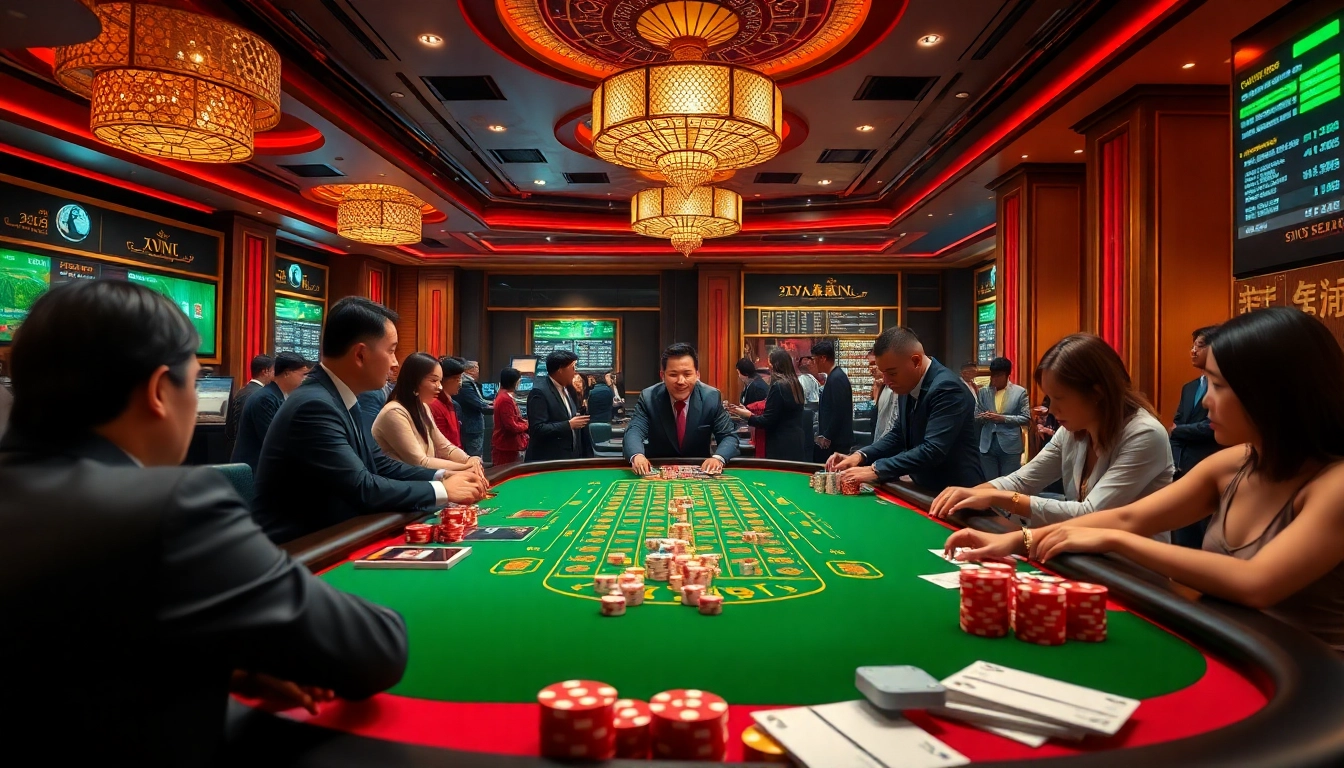 Tài Xỉu MD5 betting action on a vibrant casino table with players and colorful dice.