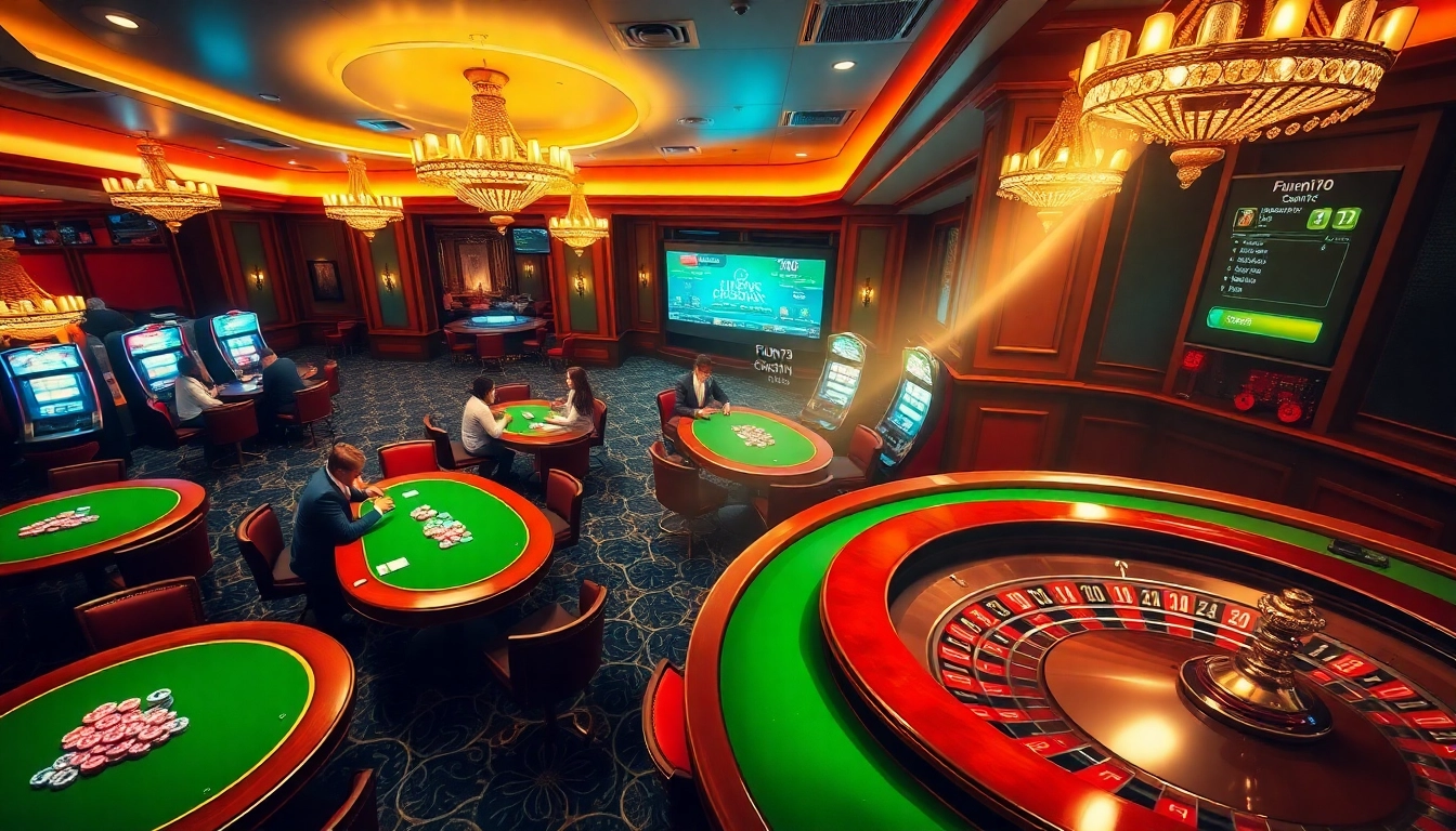 Action-packed gambling scene at FUN79 with poker players and vibrant slot machines.