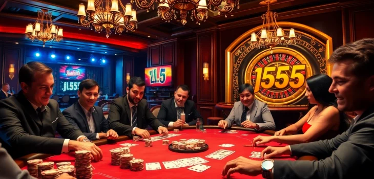 Players intensely strategize at a high-stakes poker table in an elegant jl55-themed casino.