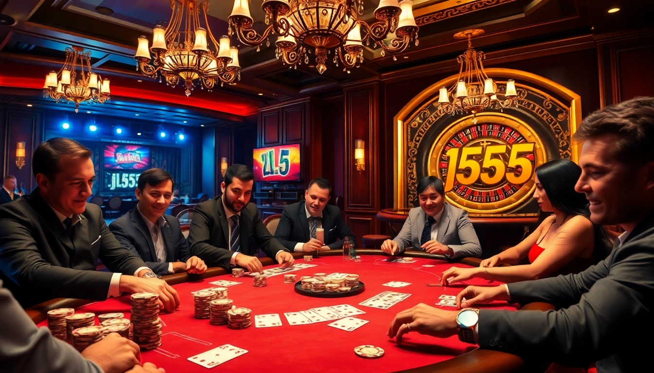 Players intensely strategize at a high-stakes poker table in an elegant jl55-themed casino.