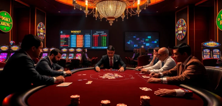 Exciting poker game scene reflecting the thrilling atmosphere of https://99okwin.live with vibrant casino elements.