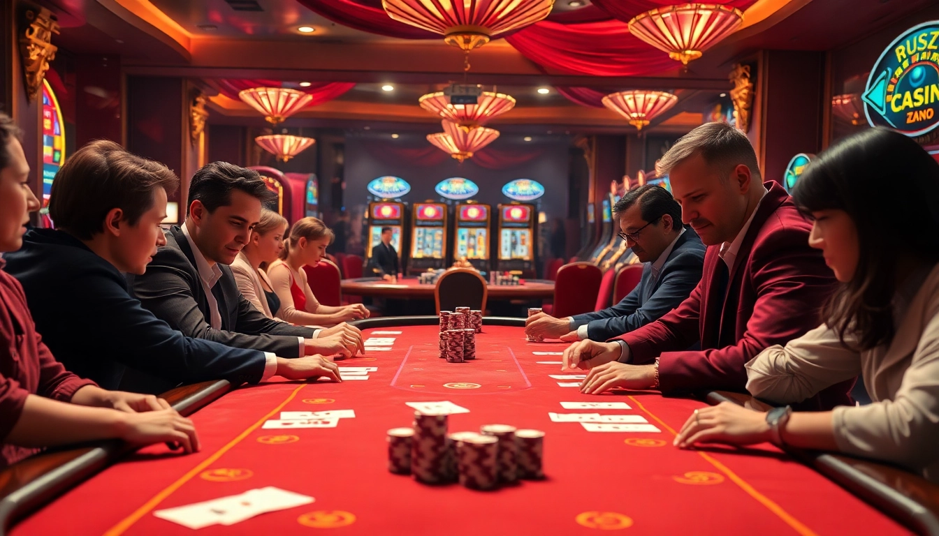 ZBET poker players strategizing over a high-stakes table in a luxurious casino.