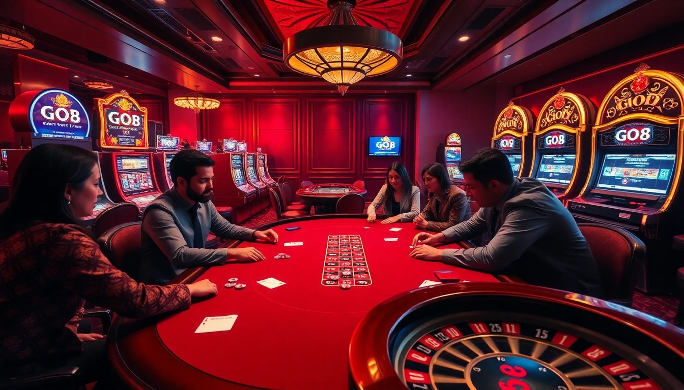 GO8 players strategizing at a poker table surrounded by vibrant slot machines.