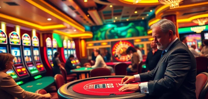 Experience the thrill of eejl with a vibrant casino scene showcasing poker and roulette action.