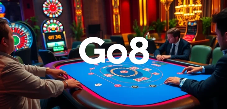 Go8 casino players enjoying high-stakes games at a luxurious poker table.