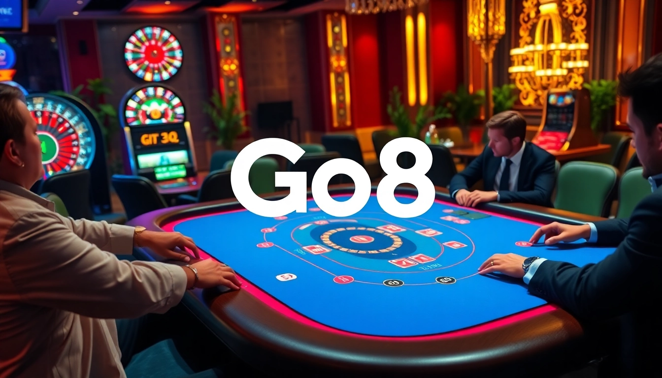 Go8 casino players enjoying high-stakes games at a luxurious poker table.