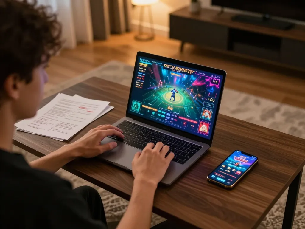 Engaging in nk88 online gaming with a laptop, showcasing interactive casino experience and strategic betting atmosphere.