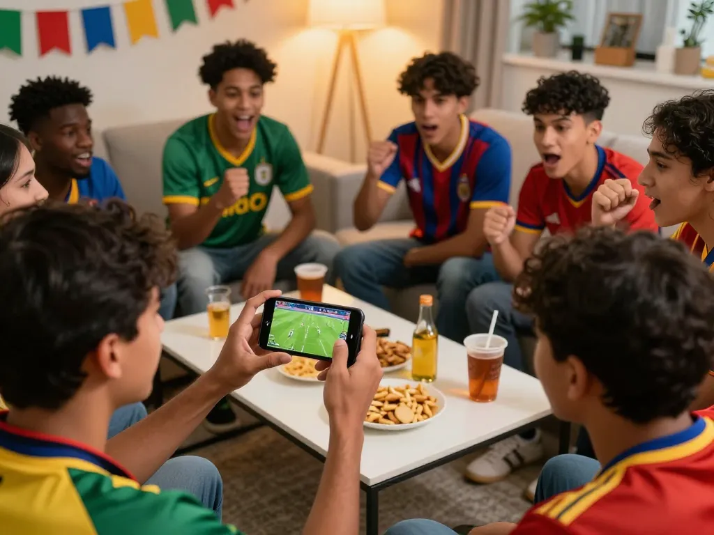 Kết quả bóng đá displayed on smartphone as soccer fans celebrate an exciting match with snacks and drinks.