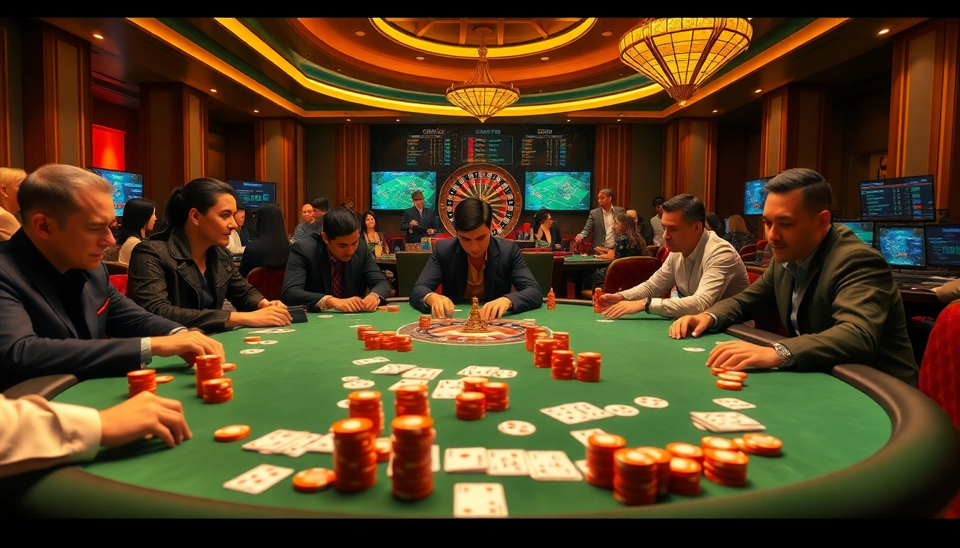 Engaged players at a vibrant poker table showcase high-stakes excitement at https://thabet1.net/ casino experience.