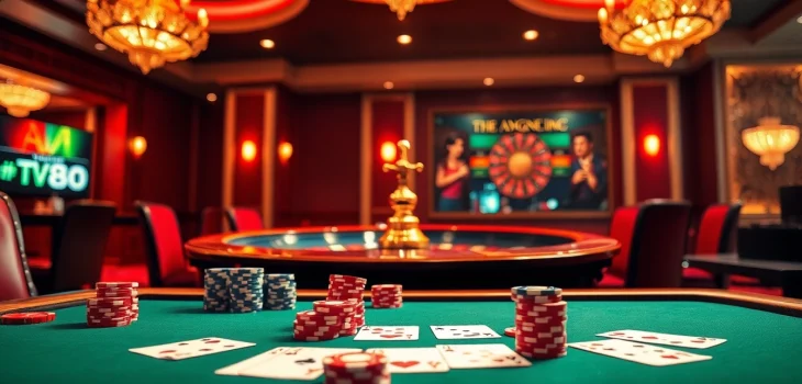 Engage in high-stakes poker at TV88's luxurious casino tables, filled with vibrant chips and cards.