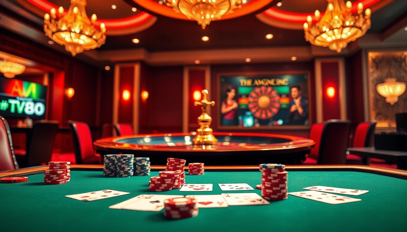 Engage in high-stakes poker at TV88's luxurious casino tables, filled with vibrant chips and cards.
