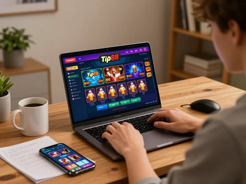 Engaging online gaming experience on tip88 with a player focused on casino games from home setup.