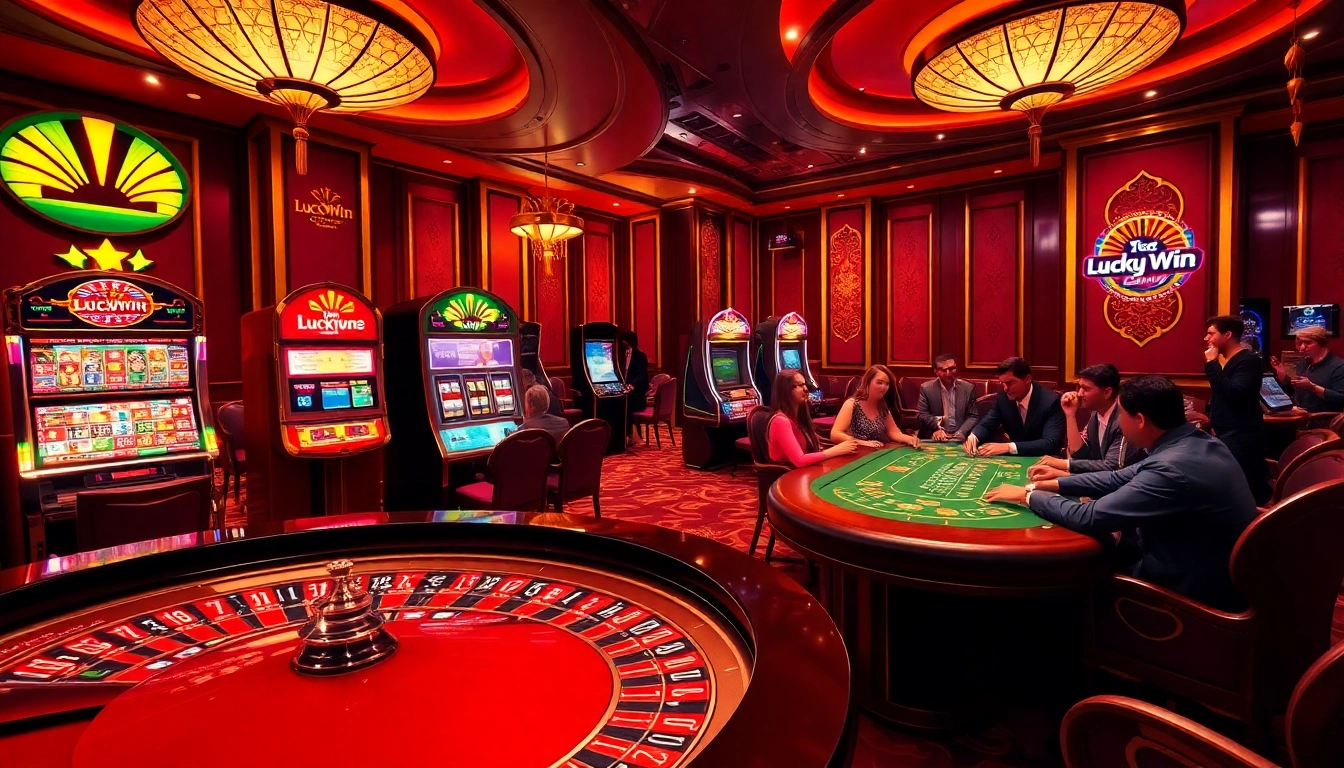 Players enjoying luxury casino games at LuckyWin, with roulette and slot machines in view.