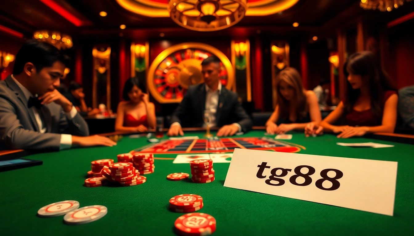 Engaging poker players in a lavish casino scene featuring tg88 branding and vibrant gaming action.