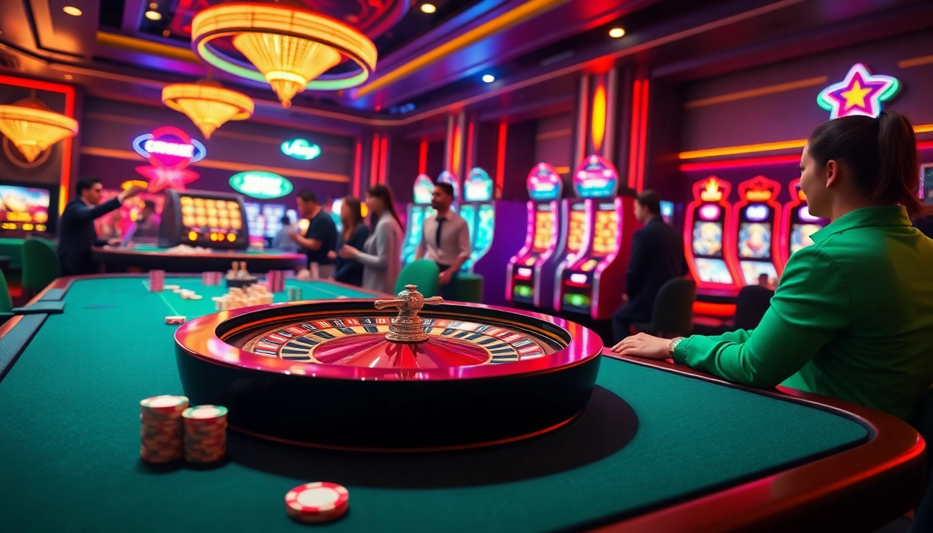 Players enjoying vibrant online gaming at 65A casino with poker tables and slots.