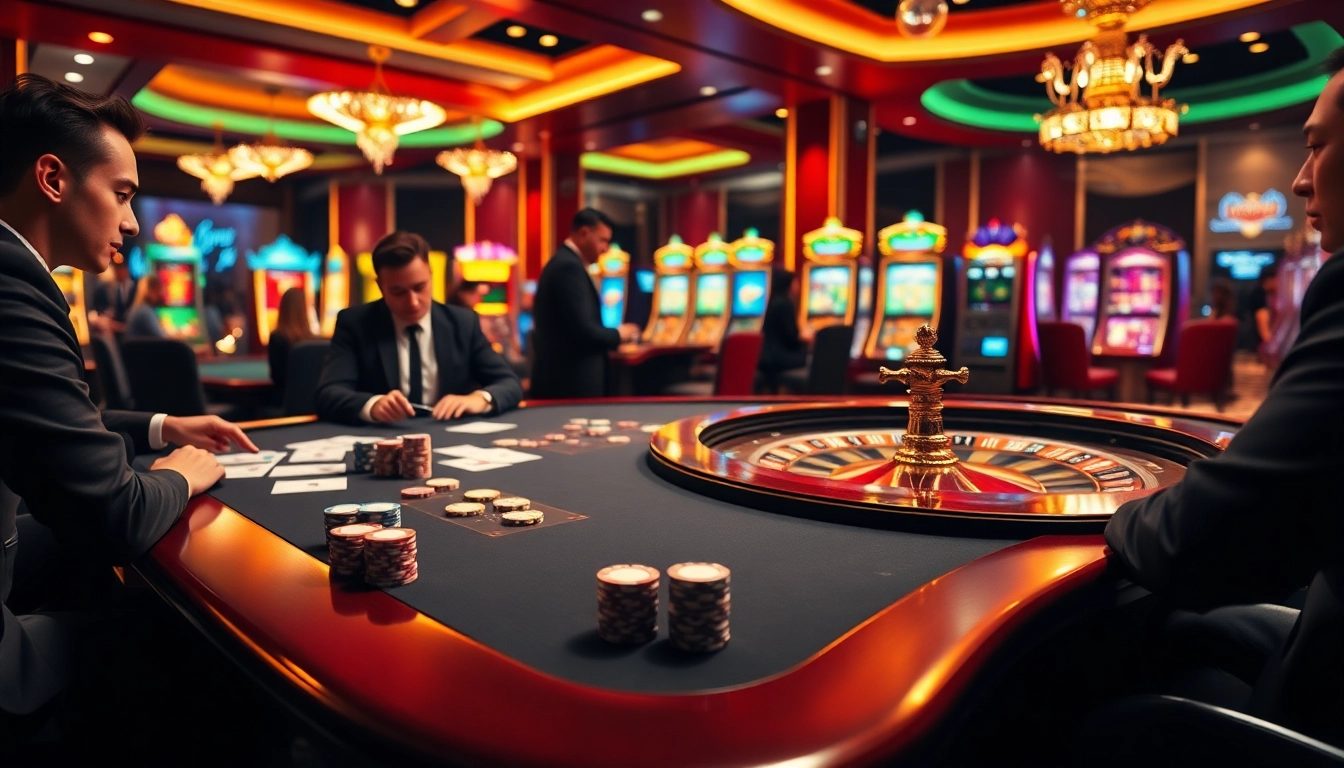 An exciting gambling scene showcasing players at a casino table with cards and chips, highlighting the online platform https://uu88xpj.com/.