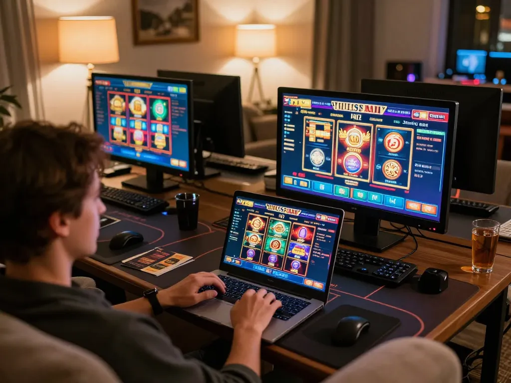 Player engaging with TR88 online casino platform on laptop, showcasing vibrant slot games and poker gameplay.