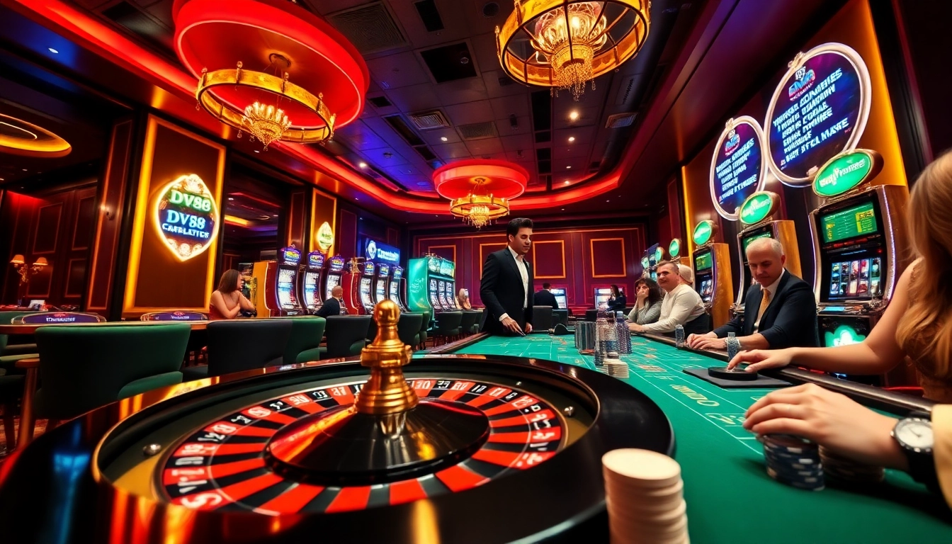 Experience the excitement of DV88 gaming with vibrant roulette wheels and neon-lit slot machines.