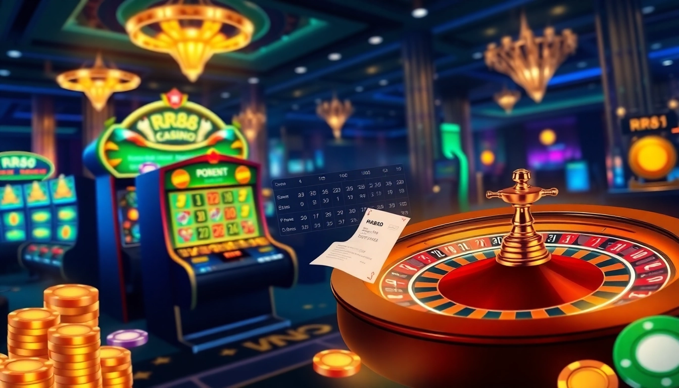 Experience the excitement of RR88 with vibrant casino visuals featuring poker chips and slot machines.