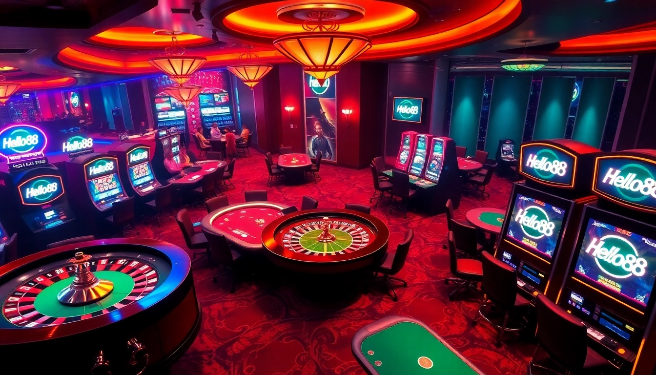 Hello88 logo showcased in a vibrant casino scene with poker tables and glowing slot machines.