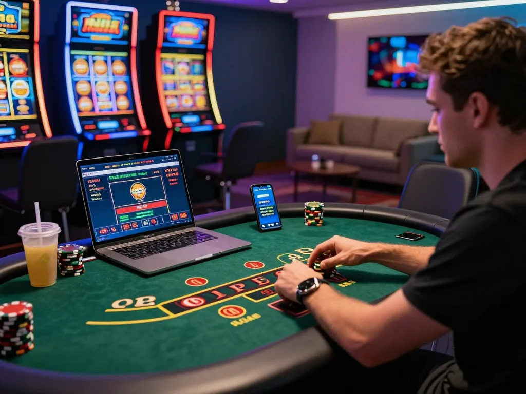 Player enjoying an exciting baccarat game with gem88 on a laptop in a vibrant online casino setup.