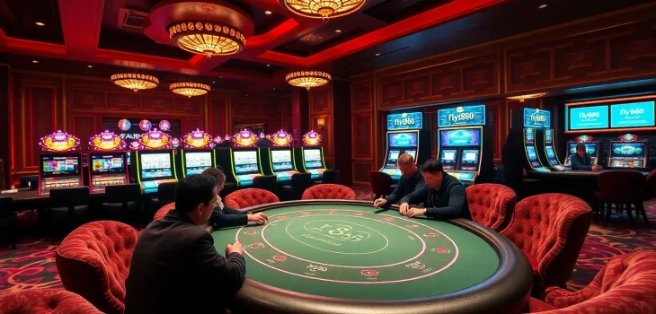Intense poker action at the fly888 club with luxurious casino decor and vibrant slot machines.