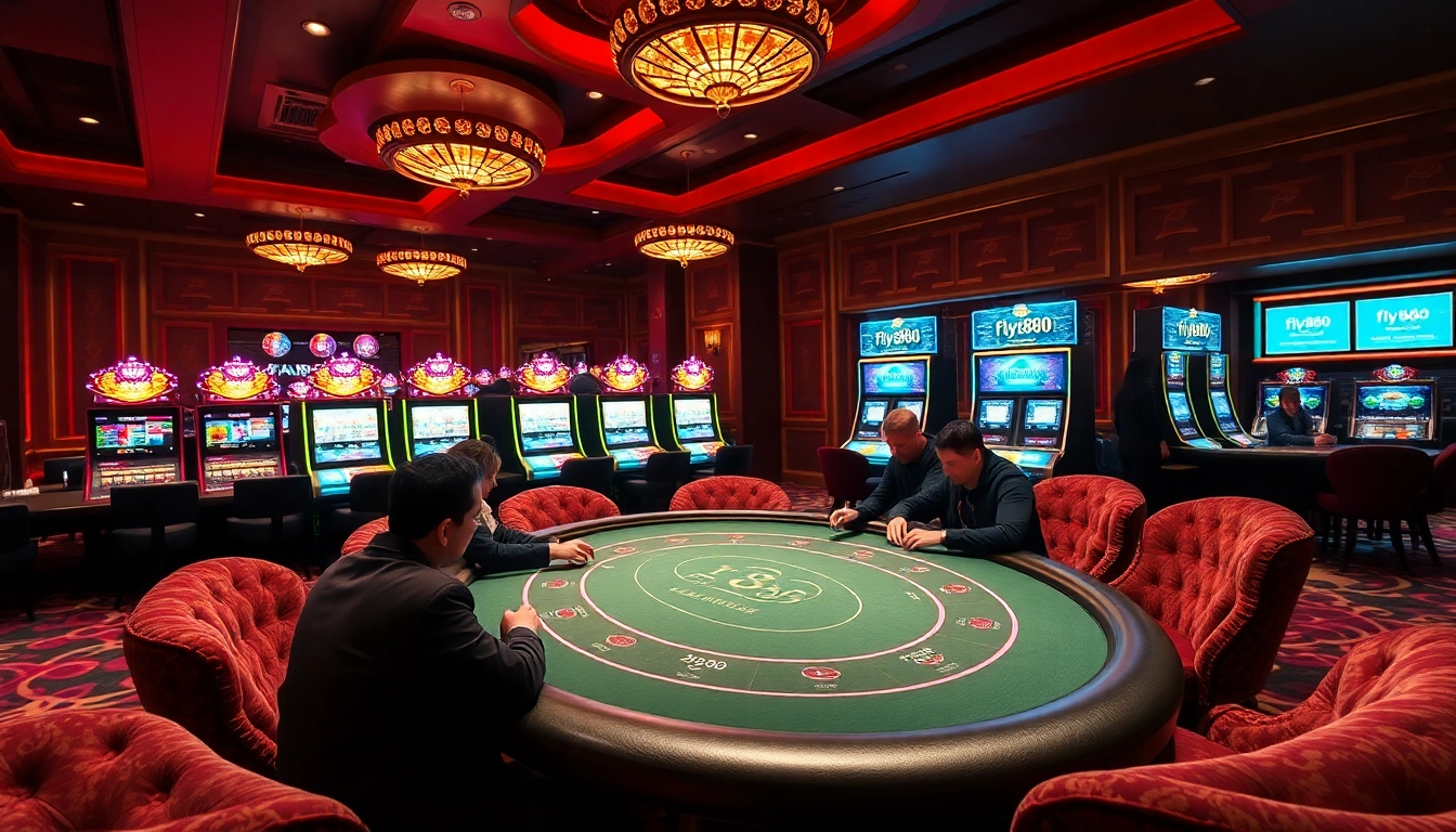 Intense poker action at the fly888 club with luxurious casino decor and vibrant slot machines.