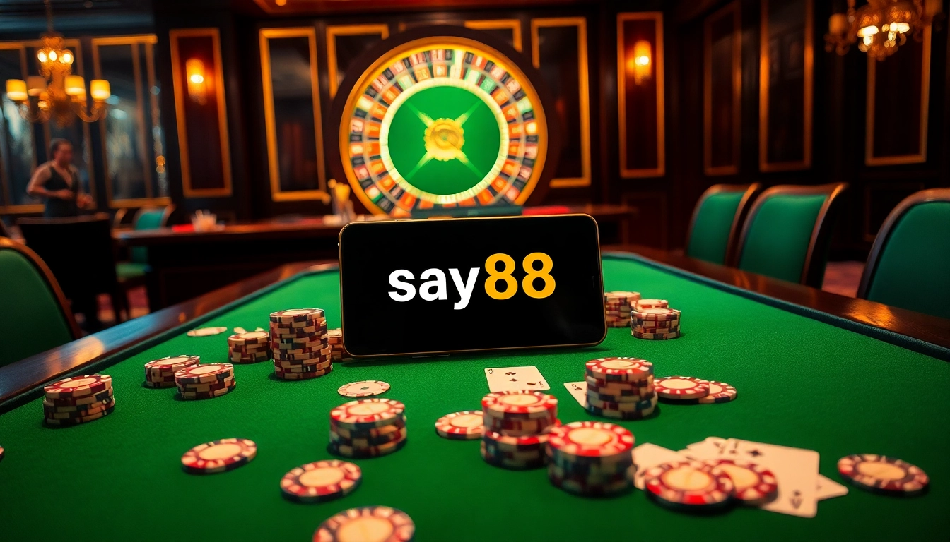 SAY88 aligns luxury casino excitement with online gambling elements, showcasing poker progression and roulette anticipation.