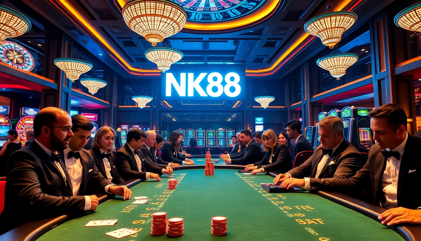 NK88 casino scene featuring players engaged in poker with elegant dealers and vibrant gaming elements.