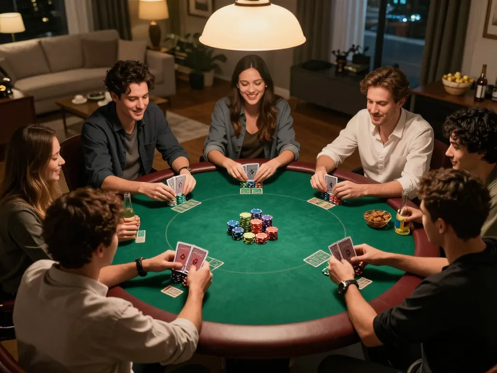 Players engaged in a poker game at home, showcasing vibrant energy and strategy in their gameplay at atq com.