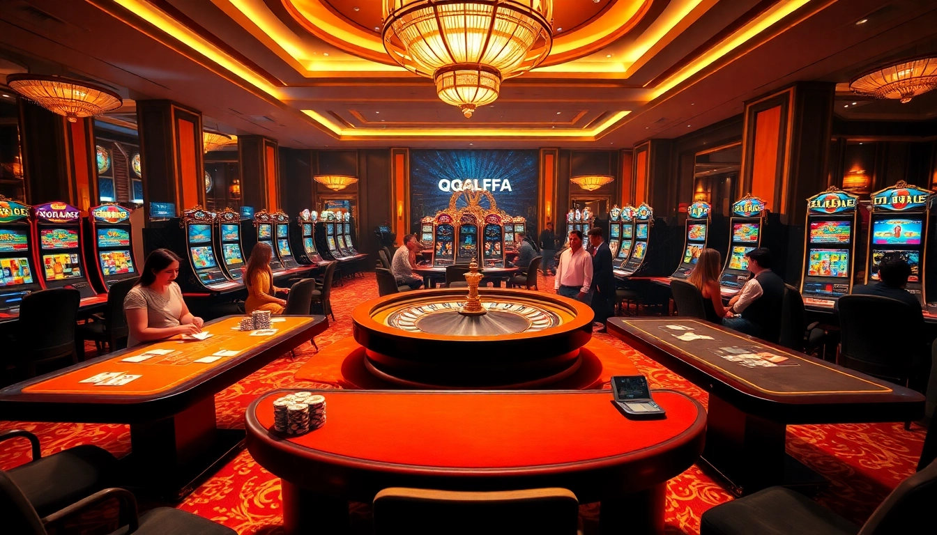 Players enjoying QQALFA slot machines in a luxurious casino setting with vibrant colors.